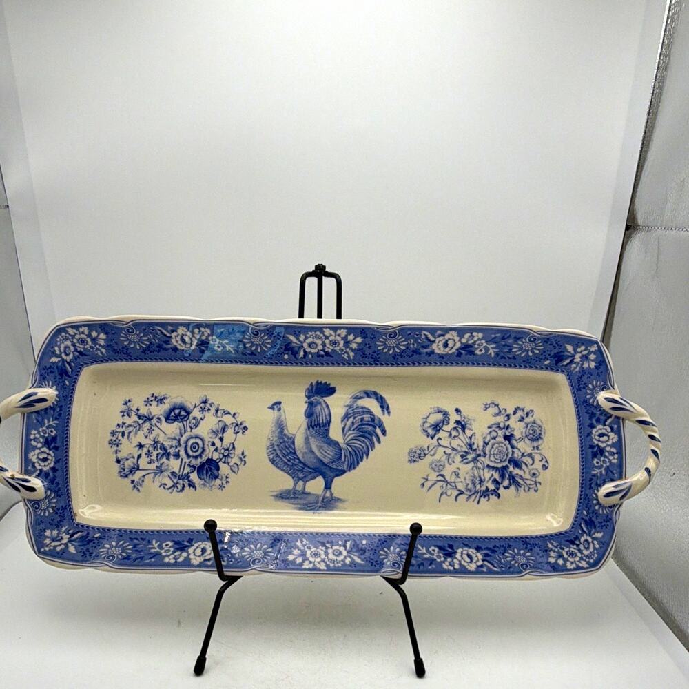 Harry and David Large Ceramic Serving Tray Blue/White Rooster Floral Handles